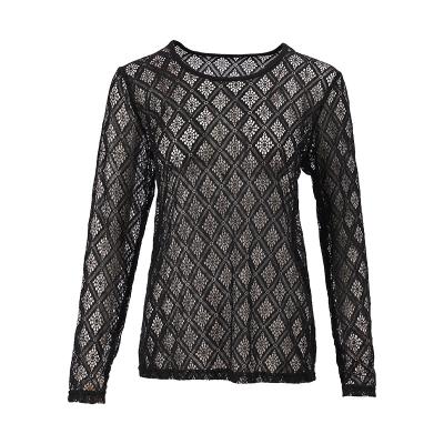 China QUICK DRY Hot Wholesale Sexy Sheer Lace Direct Selling Solid Color Solid Color Cavity Neck Long Sleeve Women's Upper Round Top for sale