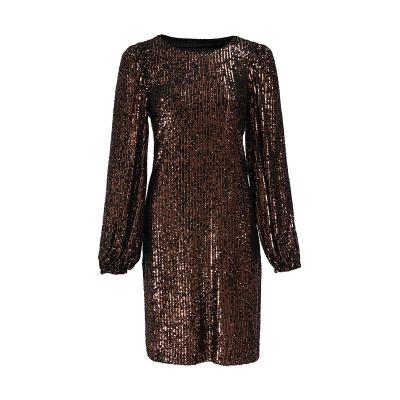 China Breathable High-end High-end Elegant Solid Color Ladies Sequins Long Sleeve V-neck Spring Slim Fit Dress for sale