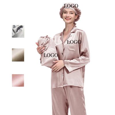 China Factory QUICK DRY custom womens button down long sleepwear 100% mulberry silk pajamas set silk pajamas with bag box for sale