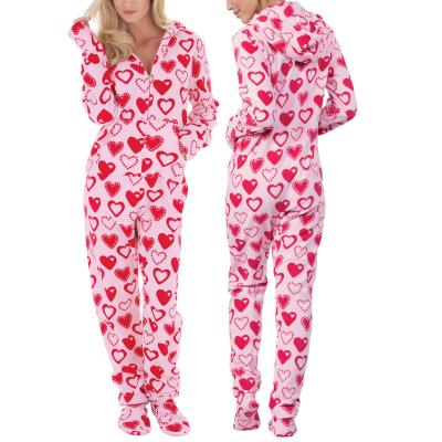 China Thermal Nightgowns Adult Women's Hoodie Heart Printed Pajamas Long Sleeve Fleece Sleepwear Onesie Valentines Pajamas for sale