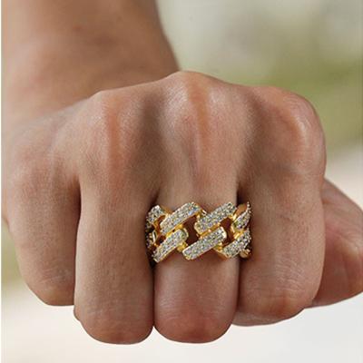 China New FASHIONABLE ADELANTE Micro Zircon Diamond 2 Rows Plating Hip Hop Cuban Men's Real Gold Plated Rings Chain Ring for sale