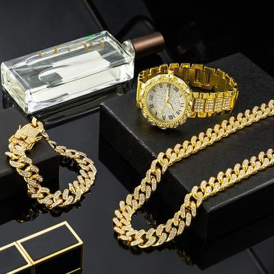 China FASHIONABLE ADELANTE AS220022 Alloy Multi Color Iced Out Bracelet Necklace Watch Jewelry Set Cuban Chain for sale