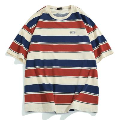 China Breathable Cotton Red Blue Striped Round Neck Tee Shirt MOQ 2 Quantity Casual Short Sleeve T-Shirts For Men For Sunmmerr for sale