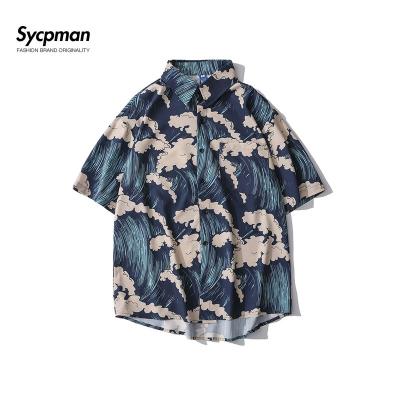 China New Oversize Mens Shortsleeve Shirts Summer Loose Casual Cardigan Geometric Creative Printing Lapel Streetwear Japanese Fashion QUICK DRY for sale