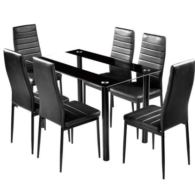 China Other Cheap Home Kitchen Long Tempered Glass Top Luxury Black Dining Table Set 6 Chairs Stainless Steel Furniture Dining Room Sets for sale