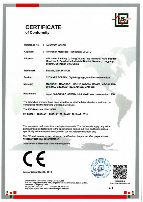 CE certificate 2019 - Shenzhen MercedesTechnology Co., Ltd.