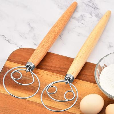 China Sustainable Premium Danish Stainless Dutch Dough Mixer Kitchen Bread Beater Bread Beater Dough Wooden Handle For Baking Bread Pastry for sale