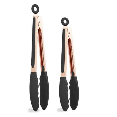 China Rose Gold Stainless Steel Silicone Premium Food Stocked Serving Tongs for Appetizers Bread Salad Spaghetti Buffet BBQ Teppanyaki for sale