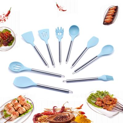 China 9 PCs 100% Silicone Sustainable Hot Selling Food Grade Set Of Cooking Spoon Spatula Kitchen Utensils With Stainless Steel Handle for sale