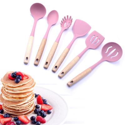 China Good Quality Silicone Spatula Spoon 6 Pcs Non-Stick Silicone Cooking Sustainable Cookware Set With Wooden Handles for sale