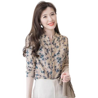 China Anti-pilling Autumn Floral Printing Chiffon Women 2021 Where Blouses Lace Up Long Sleeve Women Tops Shirt for sale