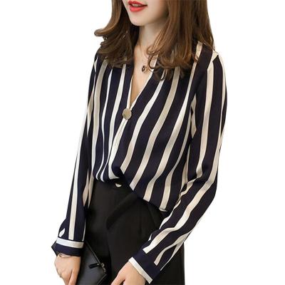 China 2021 Autumn New Chiffon V-neck ladies anti-pilling shirt striped plus size fashion loose casual women's blouse for sale