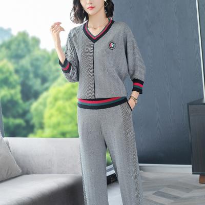 China Anti-pilling New Style Autumn And Winter V-neck Sweater Jacket Jacket Sweater Wide Leg Loose Top Wide Leg Pants Two-Piece Sets for sale