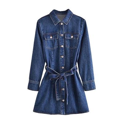 China New autumn women's high street lapel retro anti-static straight with belt denim mini ladies casual short dress for sale