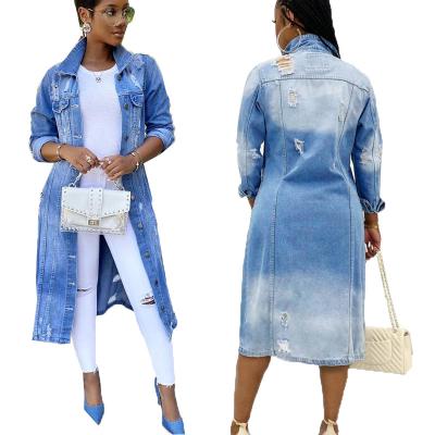 China 2022 Breathable Spring Autumn Blue Jeans Outwear For Ladies Casual Plus Size Button Ripped Long Striped Denim Jacket Coat for sale