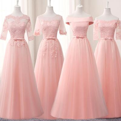 China Real Photo 2021 New Product Breathable Off The Shoulder Pink Bridesmaid Dresses Lace Up Long A Line Bridesmaid Dresses for sale