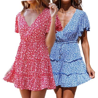 China 2021 Elegant Casual Breathable V-Neck Summer Women Dresses Customizable Color Mini Beach Wear Girls Floral Print Dresses for sale