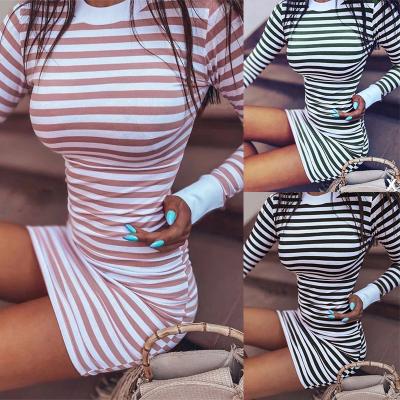 China 2021 Autumn Winter Women Fashion Breathable O-Neck Striped Print Long Sleeve Package Slim Hip Shirt Dress for sale