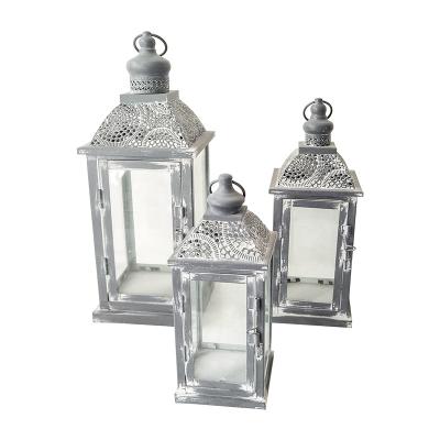 China Outdoor Home Decoration Metal Garden and Glass Lanterns and Antique Home Gray Decorative Metal Lantern Holiday Indoor Decorative Metal Lantern for sale