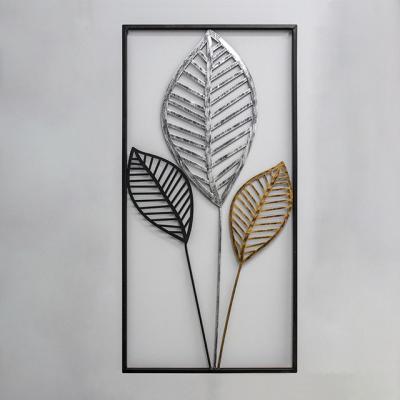 China Luxury Europe 3 Piece Gold Foil Metal Wall Art Word Metal FLUOR Frame Leaves Decoration Home Hotel Metal Wall Decor for sale