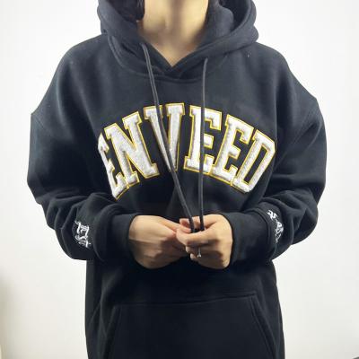 China Plain Black Heavy Pullover Cotton Embroidery Towel Sweatshirt OEM Anti-Wrinkle OEM Chenille Hoodie Oversized Hoodie For Men for sale