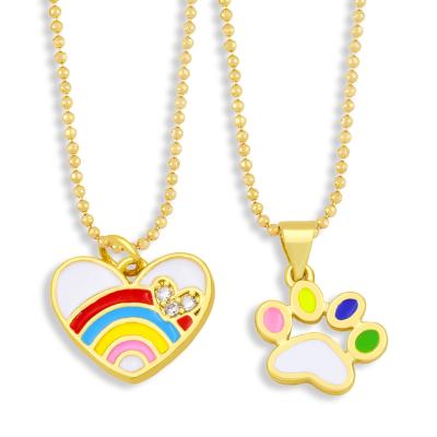 China Simple Lady Cute Colored Enamel Dog Paw Print Pendant Necklaces Love Heart Rainbow Necklace for sale