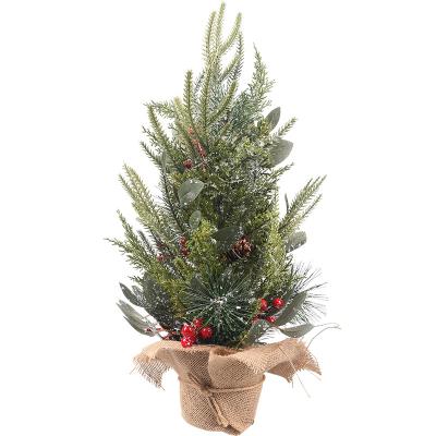 China Natural Touch 2 Feet Artificial Mini Christmas Tree White Lights, assembled with pine cones, red berries, burlap sack base for sale