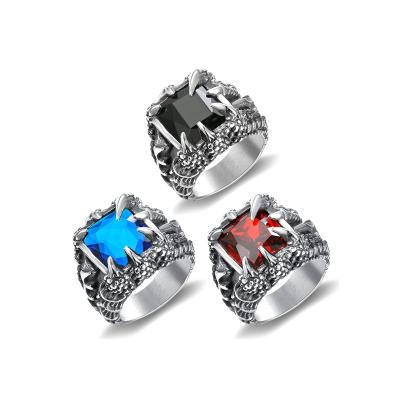 China Classic Men's Stainless Steel CZ Dragon Claw Rings Riing Punk Red Black Natural Vintage Stone Jewelry for sale