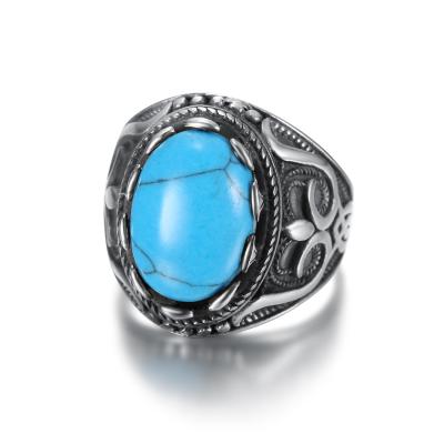 China Vintage CLASSIC Blue Turquoise Handmade Jewelry Gemstone Enamel Stone Rings Stainless Steel Mens Ring With Stones for sale