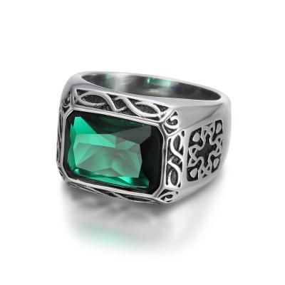 China Fashion 316 Stainless Steel Punk Cool Vintage Silver Natural Gemstone Ring Green Gemstone Rings For Men for sale