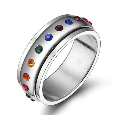 China FASHIONABLE Jewelry OEM ODM LGBT Gay Pride Ring Rainbow Rhinestone Rings Stainless Steel Worry Ring for sale