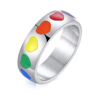 China Pride Rainbow Ring Stainless Steel Rainbow Couples Gay Heart Ring LGBT Cute Flag Jewelry for sale