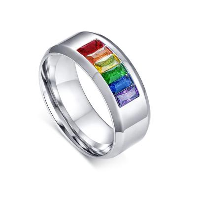 China FASHIONABLE HOT SALE Pride Jewelry LGBT RING Stainless Steel Rainbow Rhinestone Gay Ring for sale