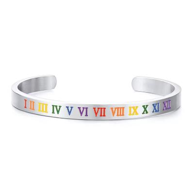 China CLASSIC Roman Numeral Engraving BraceletStainless Rainbow Cuff Key Open Wire Bracelets LGBT Couples Bracelet Steel Bracelets for sale