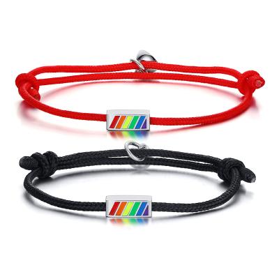 China Religious HOT SALE LGBT Pride Jewelry Stainless Steel Braided Rope Gay Rainbow Bracelet Couples Bracelet for sale