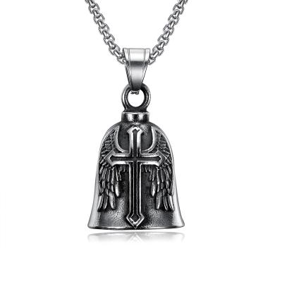 China New Fashion Custom Made Angel Wings Cross Sword Mythology Style Motorcycle Jewelry Guardian Spirits Biker Silver Bell Men Necklace for sale