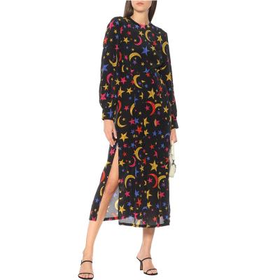 China Hot Sale Silk Midi Dress Women Fashion Lady Long Sleeve Printed Bold Elegant Close Sky Pattern Breathable Silk for sale