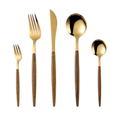 China Viable Design 5pcs Black Marble Gold Wood Vintage Stainless Steel Flat Dinnerware Sets Kitchen Cutlery Set Bulk Sale for sale