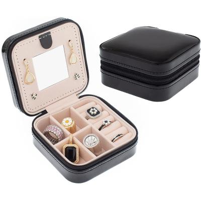 China SKQ OEM Luxury Black Custom Logo Modern Custom Logo PU Jewelry Case Modern Sandalwood Leather Jewelry Boxes With Mirror for sale