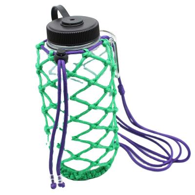 China Handmade Paracord Holder 32oz 40oz 64oz 550 Paracord Net Handle With Webbing Strap Water Wide Mouth Bottle for sale