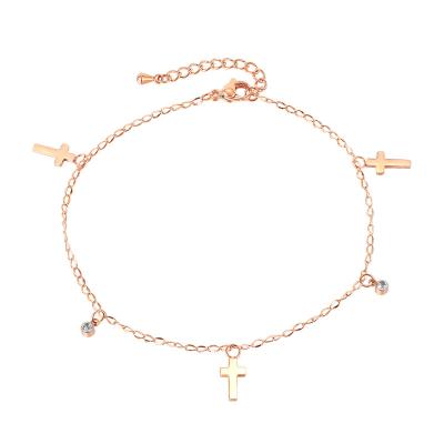 China Trendy Fashion Stainless Steel Summer Beach Crystal Cross Charm Adjustable Diamond Anklet Chain Jewelry for sale