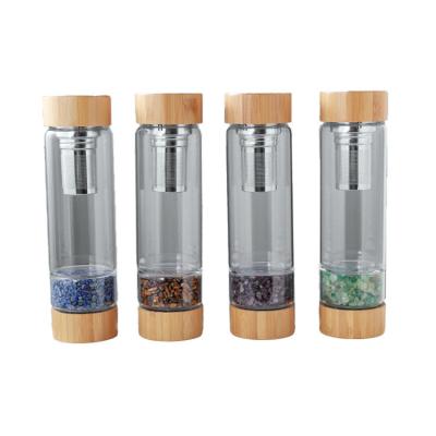 China Natural Borosilicate Crystal Gravel Glass Energy Cup Portable Spa Cover Strainer Bamboo Design Portable Water Bottle for sale