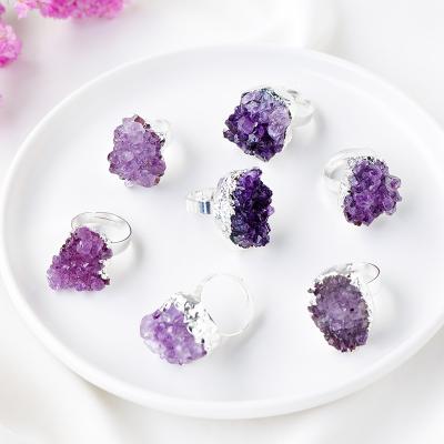 China Hot Selling Eco-Friendly Natural Stone Teeth Group Amethyst Girls Bud Ring Fashion Silver-Plated Edge Crystal Adjustable Ring for sale