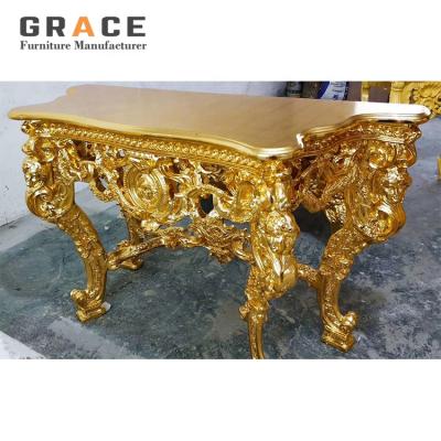 China Modern Golden Luxury Hollow Carved Wall Table Porch Table Antique Human Hotel Furniture for sale