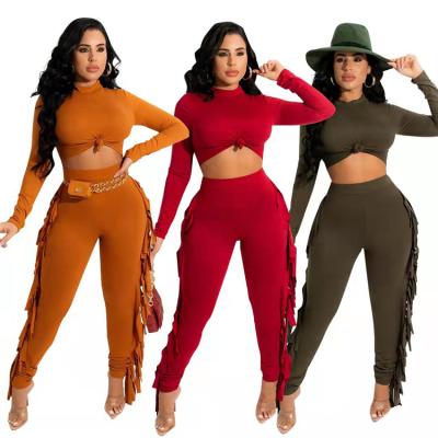 China 2021 New Ladies Casual Outfits Anti-pilling Long Sleeve Crop Tops Tassels Winter Women Pants Two Piece Set for sale