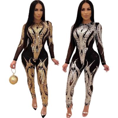 China Anti-pilling 2022 New Ladies One Piece Rompers Long Sleeve Sequin Patchwork Spring Women Bodycon Overalls for sale