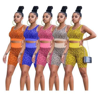 China Fashionable Women Workout TopSummer Tank Leopard Print Tracksuit Gym Anti-wrinkle Ladies Two Piece Sets for sale