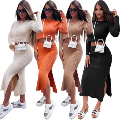 China Anti-wrinkle fashion ladies outfits long sleeve crop tops ribbed knitted two piece set autumn women skirts for sale