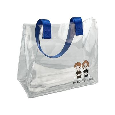 China Custom Clear Logo Security Waterproof Cosmetic Bag Shoulder Bag Transparent PVC Tote Bag With Zipper And Pocket for sale