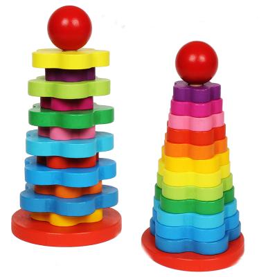 China Cartoon Toy Wooden Children 14 Story Plum Flower Shape Wooden Column Building Block Toys Stacking Blocks for sale